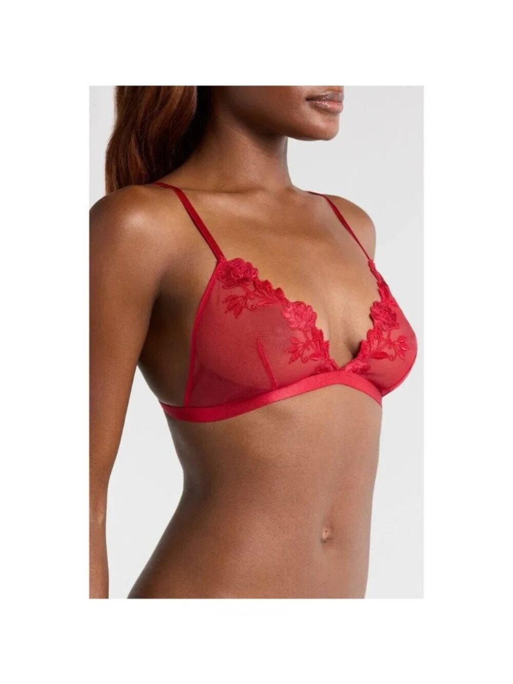 🆕ETAM Sheer Mesh Desinvolte Embroidered Triangle Wireless Bralette Bra 34D Red